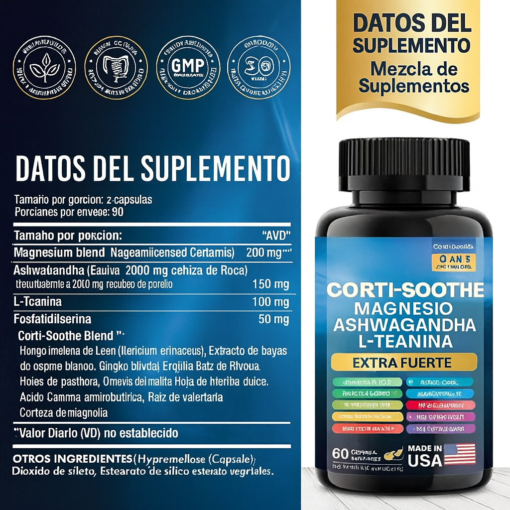 🌙 Suplemento Antiestrés Cortisol - Magnesio Glicinato + L-Teanina + Ashwagandha                                     (60 Cápsulas)